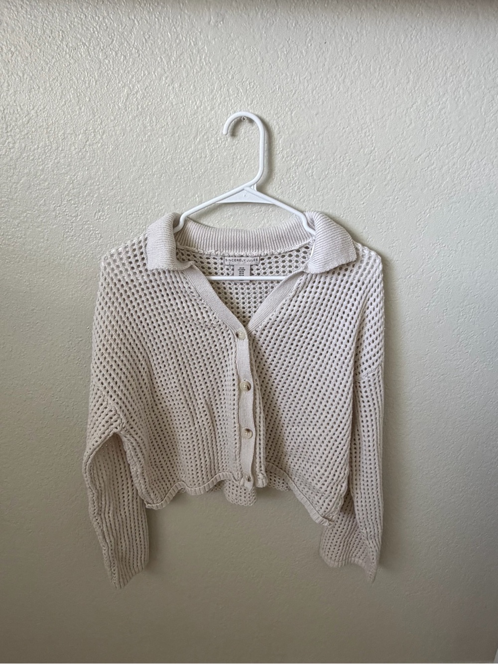 Sincerely Jules Cream Open-Knit Cropped Collared Cardigan